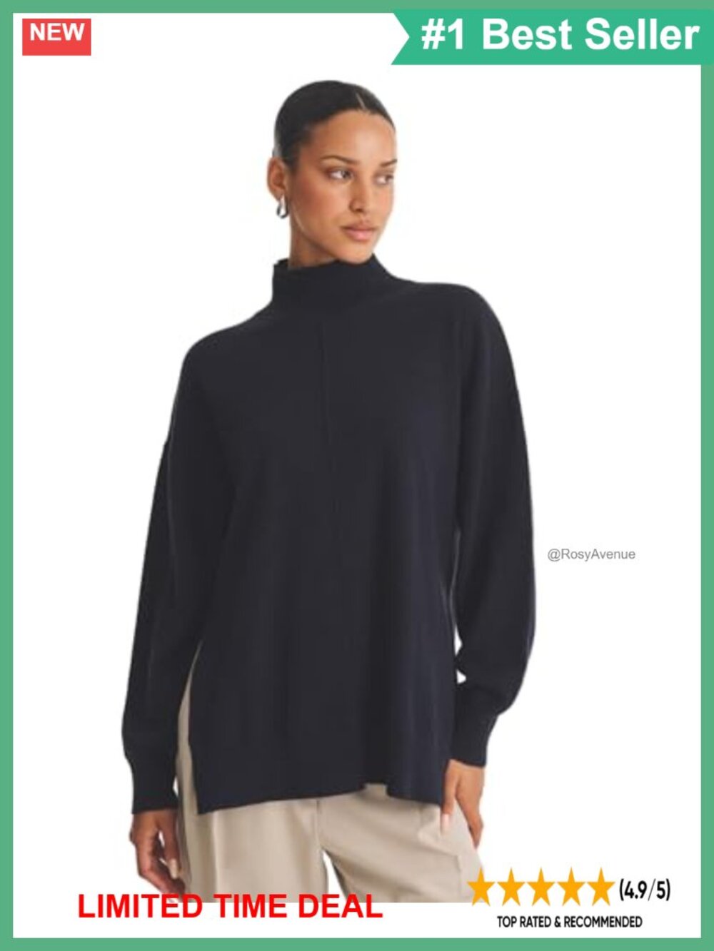 100% Cashmere Turtleneck Tunic Sweater Relaxed Fit Pullover